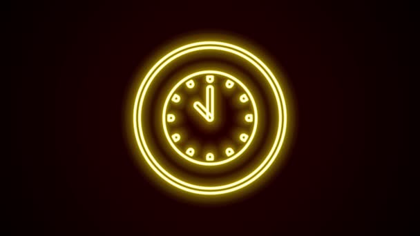 Icono de reloj de línea de neón brillante aislado sobre fondo negro. Símbolo de tiempo. Animación gráfica de vídeo 4K — Vídeo de stock