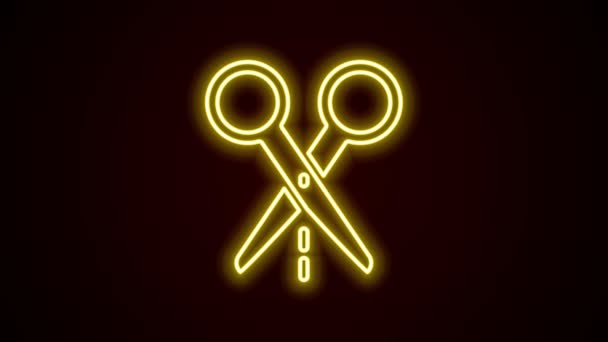 Leuchtende Neon Line Scissors mit Cut Line Symbol isoliert auf schwarzem Hintergrund. Maßanfertigung. Schneidwerkzeugschild. 4K Video Motion Grafik Animation — Stockvideo