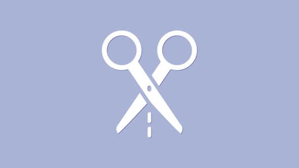 Белые ножницы с вырезанным значком линии, выделенным на фиолетовом фоне. Портной символ. Знак режущего инструмента. Видеографическая анимация 4K — стоковое видео
