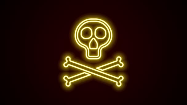 发光的霓虹灯线骨头和骷髅作为毒性警告图标隔离在黑色背景。4K视频运动图形动画 — 图库视频影像