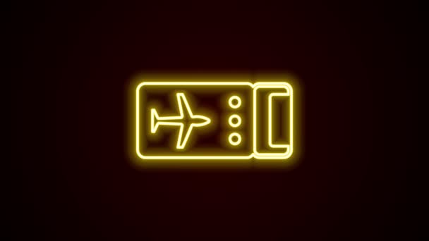 Glowing neon line Airline ticket icon isolated on black background. Plane ticket. 4K Video motion graphic animation — Stock Video