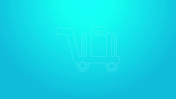 Ροζ γραμμή Trolley βαλίτσα εικονίδιο απομονώνονται σε μπλε φόντο. Πινακίδα αποσκευών. Εικονίδιο αποσκευών ταξιδιού. 4K Γραφική κίνηση κίνησης βίντεο — Αρχείο Βίντεο