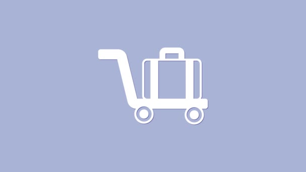 Ikona walizki białego wózka odizolowana na fioletowym tle. Podróżujący znak bagażu. Ikona bagażu podróżnych. 4K Animacja graficzna ruchu wideo — Wideo stockowe