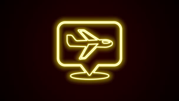 Glowing neon line Plane icon isolated on black background. Flying airplane icon. Airliner sign. 4K Video motion graphic animation — Stock Video