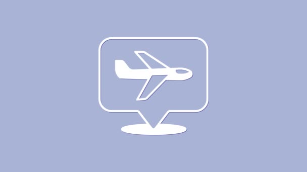 White Plane Symbol isoliert auf violettem Hintergrund. Fliegende Flugzeug-Ikone Verkehrszeichen. 4K Video Motion Grafik Animation — Stockvideo