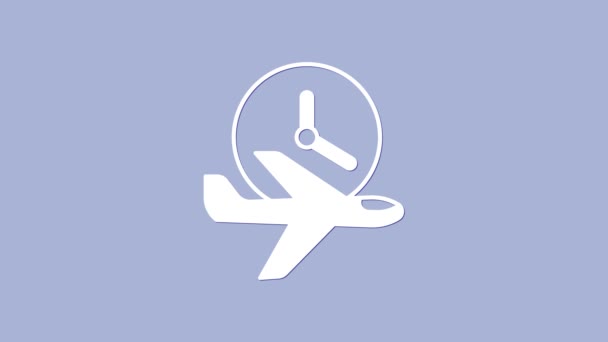 Icono de tiempo de vuelo blanco aislado sobre fondo púrpura. Animación gráfica de vídeo 4K — Vídeo de stock
