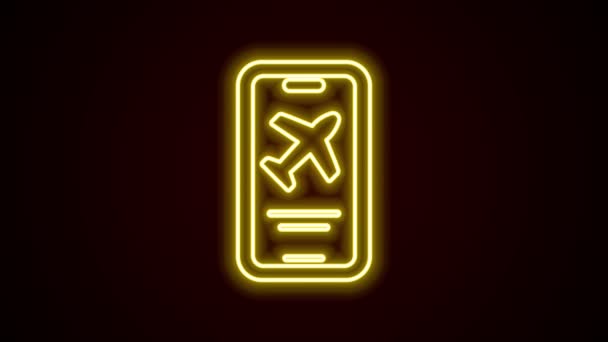 Linha de néon brilhante Smartphone com cartão eletrônico de embarque ícone bilhete de avião isolado no fundo preto. Passageiro avião bilhete móvel para web e app. Animação gráfica em movimento de vídeo 4K — Vídeo de Stock