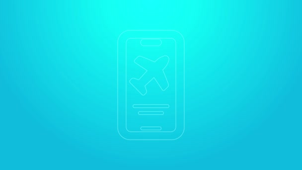 Rosa linje Smartphone med elektronisk boardingkort flygbiljett ikon isolerad på blå bakgrund. Passagerarflygbiljett för webb och app. 4K Video motion grafisk animation — Stockvideo