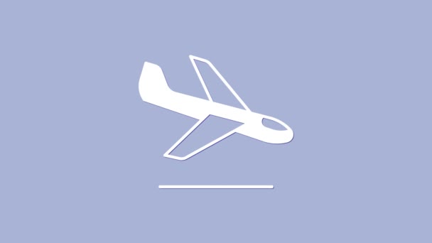 Ikona přistání bílé roviny izolovaná na fialovém pozadí. Symbol letecké dopravy. Grafická animace pohybu videa 4K — Stock video