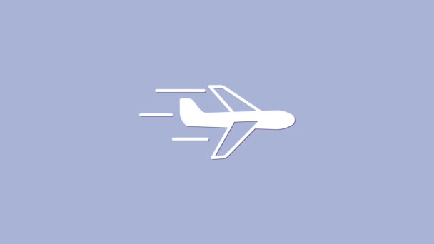 Значок White Plane выделен на фиолетовом фоне. Икона летающего самолета. Вывеска авиалайнера. Видеографическая анимация 4K — стоковое видео