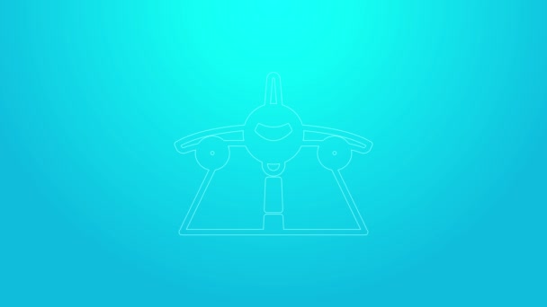 핑크 라인 플레인 아이콘은 파란색 배경에 분리되어 있습니다. 비행하는 비행기의 아이콘. 에어 라이너 사인. 4K 비디오 모션 그래픽 애니메이션 — 비디오