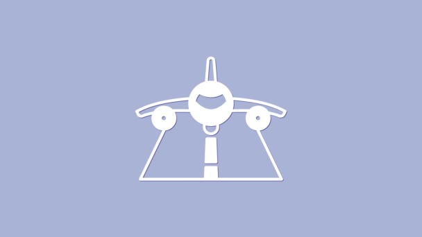 Icono plano blanco aislado sobre fondo púrpura. Icono del avión volador. Firma del avión. Animación gráfica de vídeo 4K — Vídeo de stock