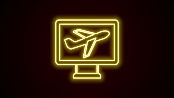 Leuchtende Leuchtschrift Flugzeug-Symbol isoliert auf schwarzem Hintergrund. Fliegende Flugzeug-Ikone Verkehrszeichen. 4K Video Motion Grafik Animation — Stockvideo