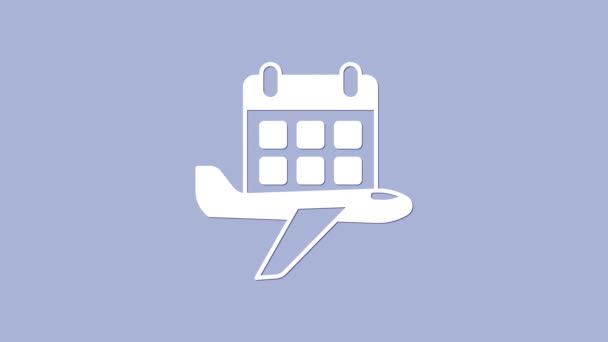 Weißer Reiseplanungskalender und Flugzeug-Symbol isoliert auf violettem Hintergrund. Eine geplante Urlaubsreise. 4K Video Motion Grafik Animation — Stockvideo