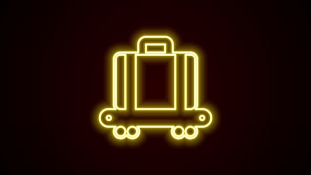 Ligne fluo lumineuse Courroie transporteuse d'aéroport avec bagages passagers, valise, sac, icône de bagage isolé sur fond noir. Animation graphique de mouvement vidéo 4K — Video