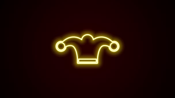 Glowing neon line Jester hat with bells isolated on black background. Clown icon. Amusement park funnyman sign. 4K Video motion graphic animation — Stock Video