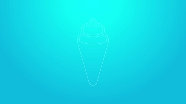 Línea rosa Helado en icono de cono de gofre aislado sobre fondo azul. Dulce símbolo. Animación gráfica de vídeo 4K — Vídeos de Stock