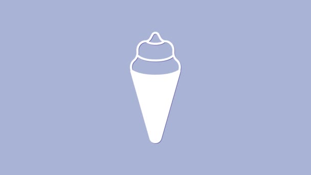 White Ice cream in waffle cone icon isolated on purple background. Sweet symbol. 4K Video motion graphic animation — Stock Video