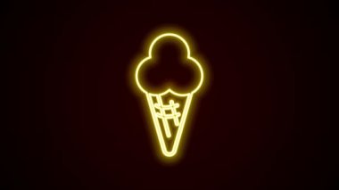 Siyah zemin üzerinde izole edilmiş waffle konisi ikonunda parlayan neon çizgisi dondurma. Güzel sembol. 4K Video hareketli grafik canlandırması