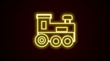 Parlayan neon hattı oyuncak tren simgesi siyah arkaplanda izole edildi. 4K Video hareketli grafik canlandırması