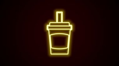 Siyah zemin üzerinde saman ve su ikonu olan parlak neon şeritli kağıt bardak. Soda bardağı. Taze soğuk içecek sembolü. 4K Video hareketli grafik canlandırması