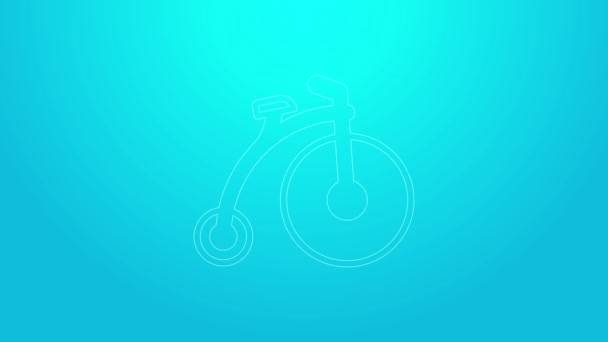 Línea rosa Bicicleta vintage con una rueda grande y un pequeño icono aislado sobre fondo azul. Bicicleta señal de transporte público. Animación gráfica de vídeo 4K — Vídeo de stock