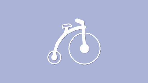 Белый винтажный велосипед с одним большим колесом и одним маленьким значком, выделенным на фиолетовом фоне. Велосипедный знак общественного транспорта. Видеографическая анимация 4K — стоковое видео