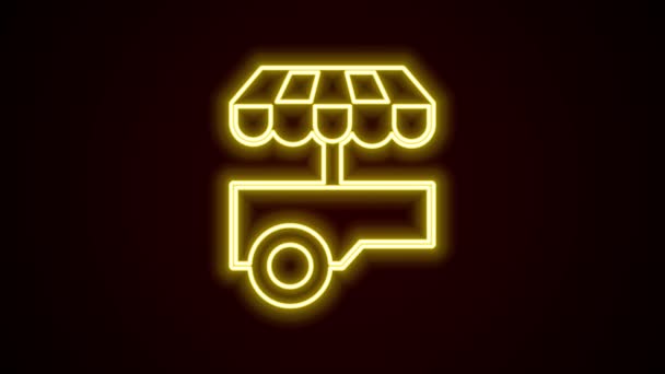Línea de neón brillante Carro de comida callejera rápida con icono de toldo aislado sobre fondo negro. Quiosco urbano. Animación gráfica de vídeo 4K — Vídeos de Stock