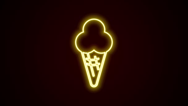 Glowing neon line Ice cream in waffle cone icon isolated on black background. Sweet symbol. 4K Video motion graphic animation — Stock Video