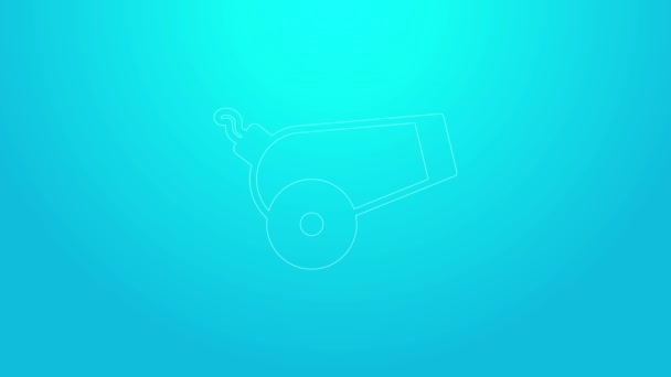 Pink line Cannon icon isolated on blue background. 4K Video motion graphic animation — Vídeo de stock