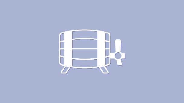 Biała drewniana ikona lufy izolowana na fioletowym tle. Beczka alkoholu, pojemnik na napoje, drewniana beczka na piwo, whisky, wino. 4K Animacja graficzna ruchu wideo — Wideo stockowe