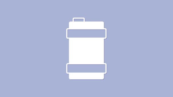 Icono del barril de cerveza de metal blanco aislado sobre fondo púrpura. Animación gráfica de vídeo 4K — Vídeos de Stock