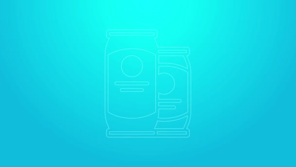 Pink line Beer can icon isolated on blue background. 4K Video motion graphic animation — Stock Video