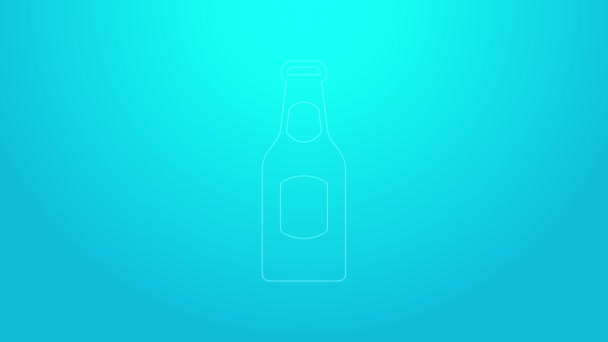 Pink line Beer bottle icon isolated on blue background. 4K Video motion graphic animation — Stock Video