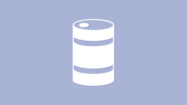 Biała metalowa ikona beczki piwa odizolowana na fioletowym tle. 4K Animacja graficzna ruchu wideo — Wideo stockowe