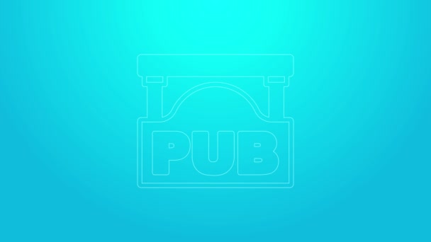 Pink line Ulice s nápisem Pub ikona izolované na modrém pozadí. Vhodné pro reklamní bar, kavárnu, restauraci. Grafická animace pohybu videa 4K — Stock video