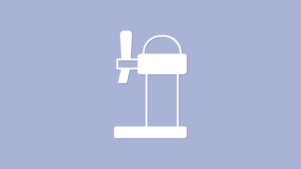 Biały dozownik ikona piwa izolowane na fioletowym tle. Szeroka wieża z kranem. 4K Animacja graficzna ruchu wideo — Wideo stockowe