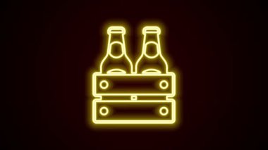 Parlayan neon hattı bira şişesi ikonu siyah arka planda izole edildi. Tahta kutu ve bira şişeleri. Kutu bira kutusu tabelası. 4K Video hareketli grafik canlandırması