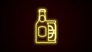 Parlayan neon hattı bira şişesi ve bira kutusu simgesi siyah arka planda izole edilmiş. 4K Video hareketli grafik canlandırması
