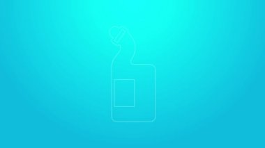 Pembe çizgi, mavi arka planda izole edilmiş sıvı şişe ikonu. Bulaşık yıkamak için sıvı deterjan. 4K Video hareketli grafik canlandırması