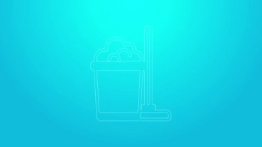 Pembe çizgi paspas ve kova simgesi mavi arkaplanda izole edilmiş. Temizlik hizmeti konsepti. 4K Video hareketli grafik canlandırması