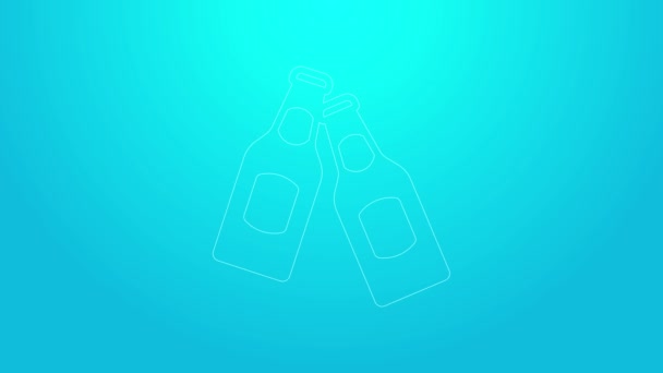 粉红线啤酒瓶子图标隔离在蓝色背景.4K视频运动图形动画 — 图库视频影像