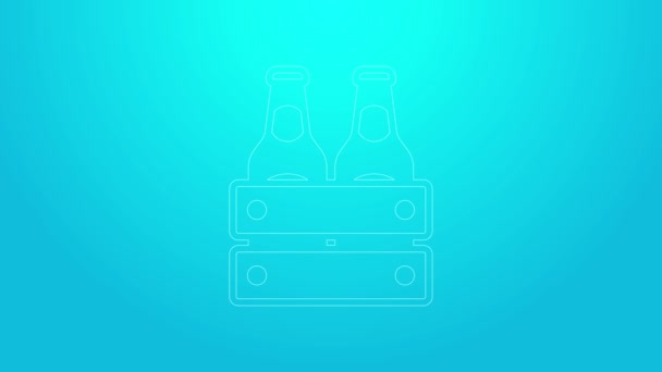 Ροζ γραμμή Πακέτο μπουκάλια μπύρας εικονίδιο απομονώνονται σε μπλε φόντο. Ξύλινο κουτί και μπουκάλια μπύρας. Υπόθεση κιβώτιο μπύρα κουτί σημάδι. 4K Γραφική κίνηση κίνησης βίντεο — Αρχείο Βίντεο