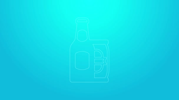 Linha rosa Garrafa de cerveja e lata de cerveja ícone isolado no fundo azul. Animação gráfica em movimento de vídeo 4K — Vídeo de Stock