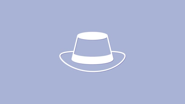 Weißes Wiesn-Hut-Symbol auf lila Hintergrund. Jägerhut mit Feder. Deutscher Hut. 4K Video Motion Grafik Animation — Stockvideo