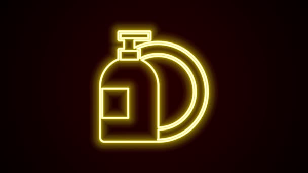 Świecący neon linii Zmywanie butelki płynu i ikona płyty izolowane na czarnym tle. Płyn do mycia naczyń. 4K Animacja graficzna ruchu wideo — Wideo stockowe
