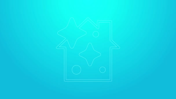 Ligne rose icône de concept de service de nettoyage à domicile isolé sur fond bleu. Bâtiment et maison. Animation graphique de mouvement vidéo 4K — Video