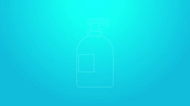 Pembe çizgi, mavi arka planda izole edilmiş sıvı şişe ikonu. Bulaşık yıkamak için sıvı deterjan. 4K Video hareketli grafik canlandırması