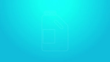 Çamaşır deterjanı, çamaşır suyu, bulaşık deterjanı ya da mavi arka planda izole edilmiş başka bir temizlik maddesi ikonu için pembe çizgili plastik şişe. 4K Video hareketli grafik canlandırması