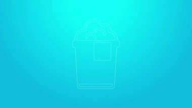 Mavi zemin üzerinde köpük ve baloncuk ikonu olan pembe çizgi kovası. Temizlik hizmeti konsepti. 4K Video hareketli grafik canlandırması